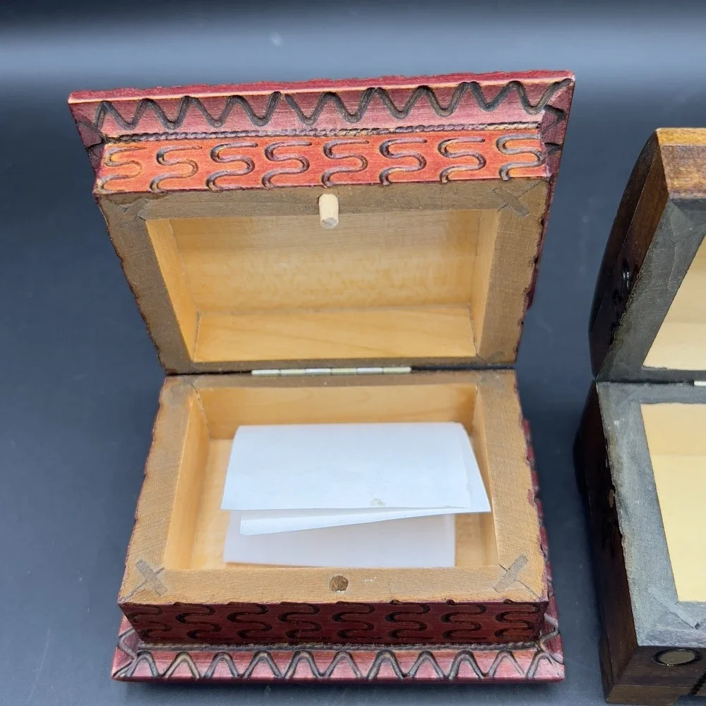 Wooden Carved Hinged Trinket Box Hand Made Poland ~ Set of 2